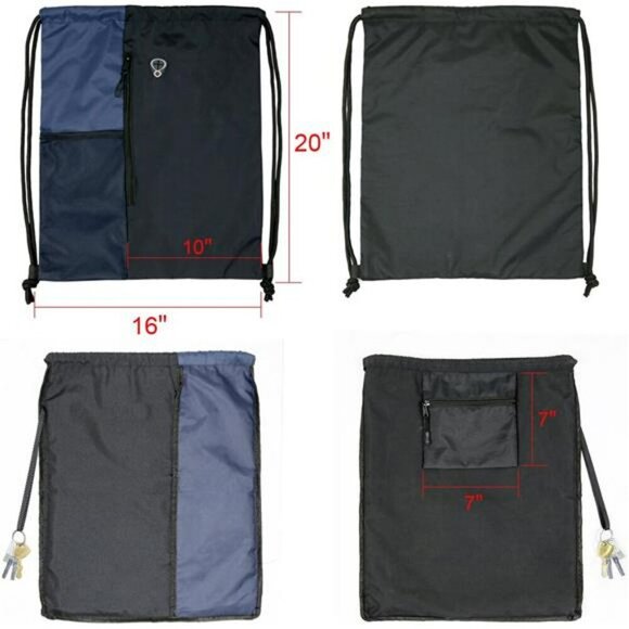 Large Drawstring Gym Bag with Zipper Pockets for Sports Travel Men Women - Picture 3 of 7